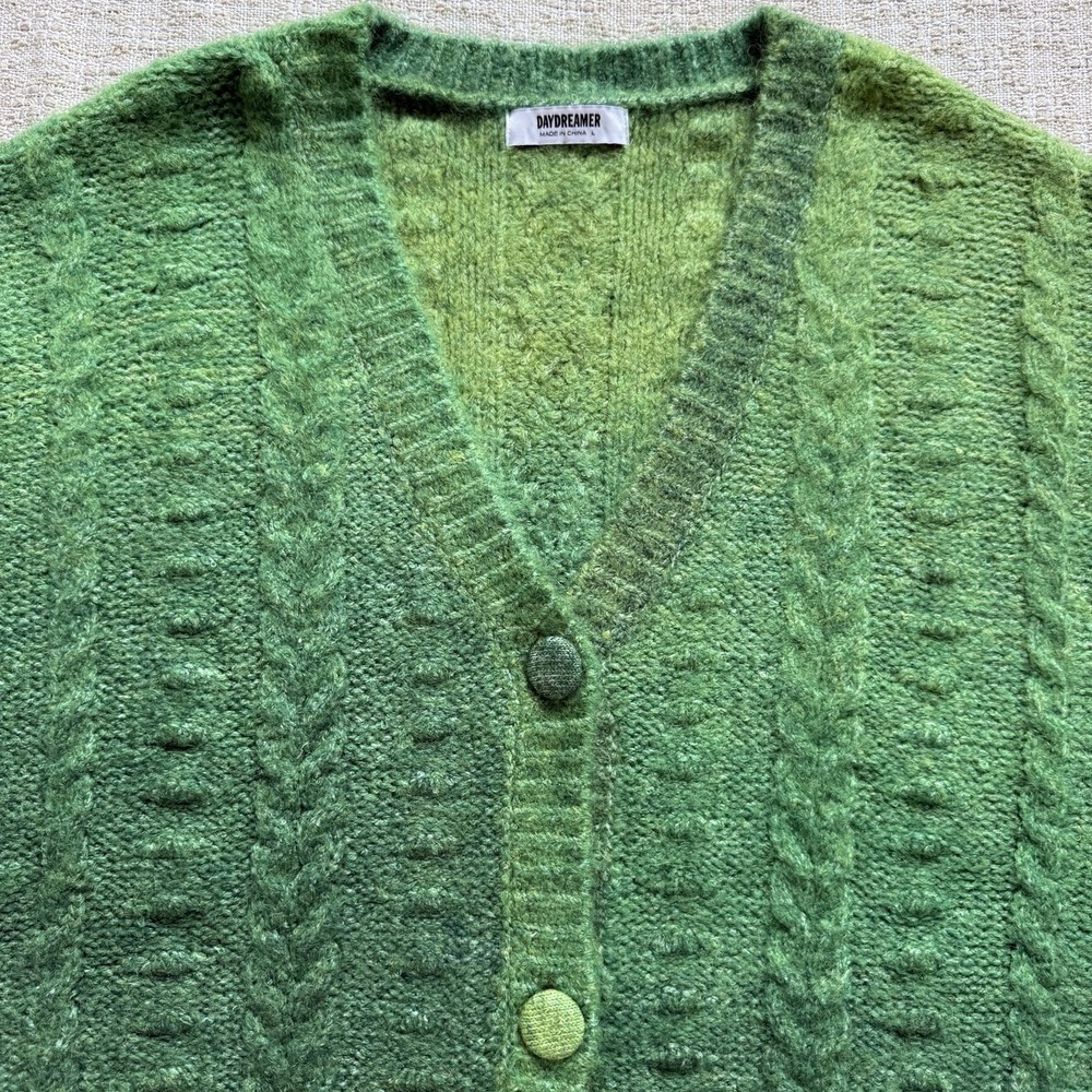 Daydreamer Ombre Cardigan in Green Jade Sz L Cable Knit Fuzzy Wool Blend Grunge - Picture 7 of 15
